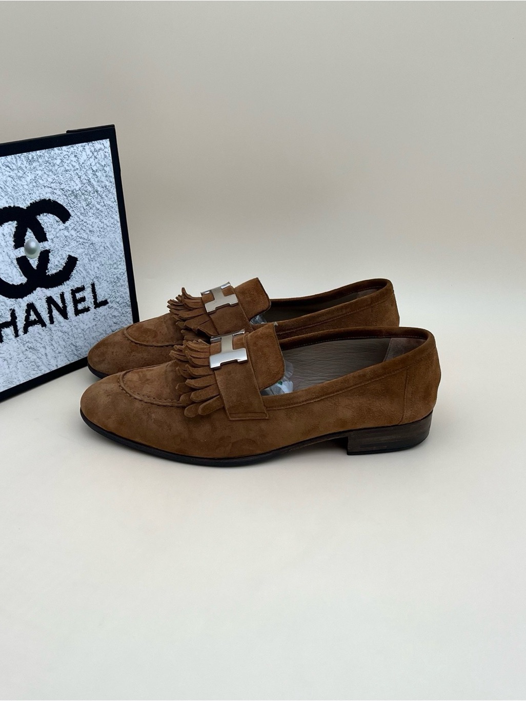 Hermes Brown Suede Fringe Tassel Loafers With Silver Hardware